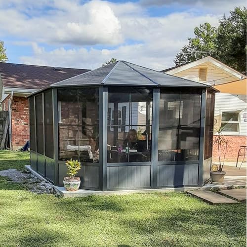Domi 10’ x 10’ Hardtop Gazebo Metal Frame Canopy with Netting & Curtains