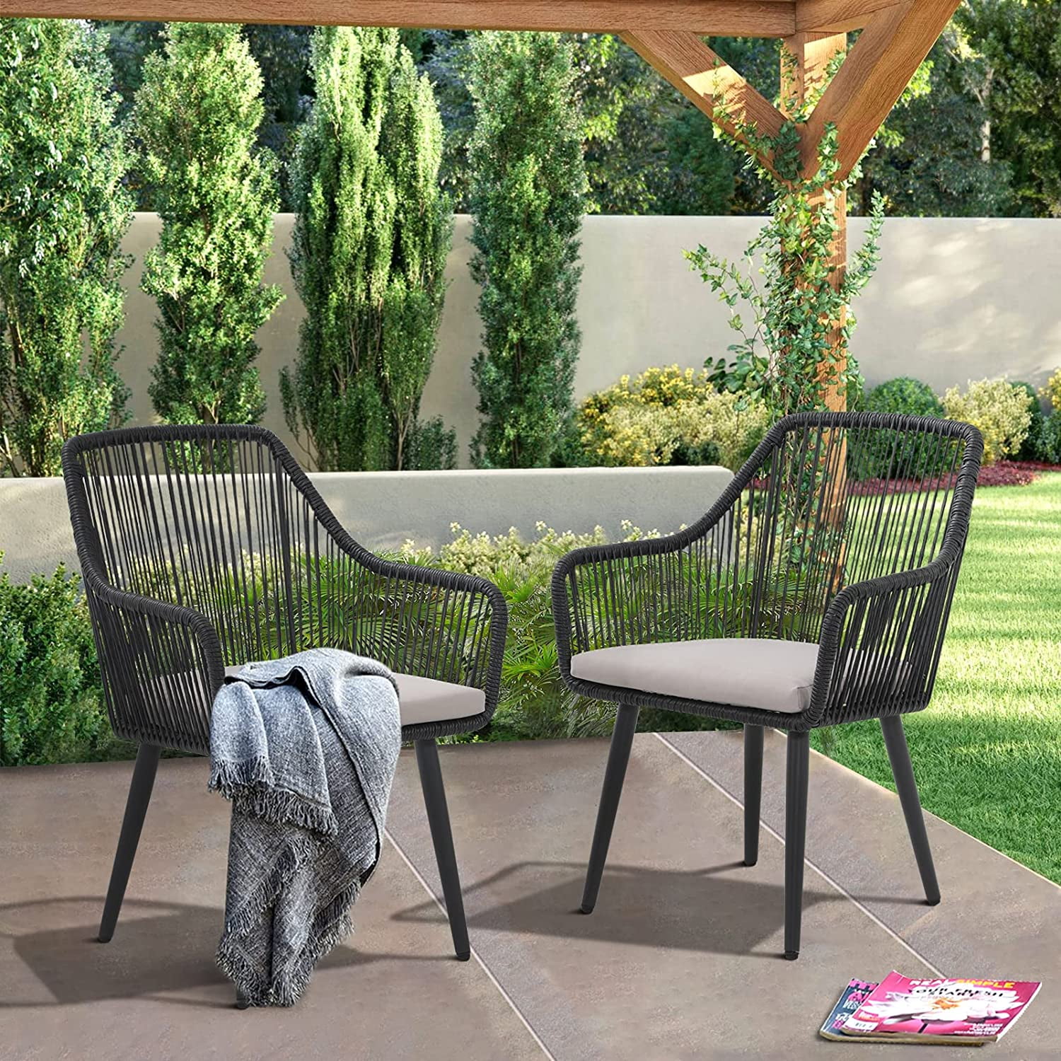 JOIVI Patio Wicker Dining Chairs, 2 Pieces Outdoor Dining Seating, All Weather Rattan Armchairs with Cushions, Indoor/Outdoor for Outside Lawn