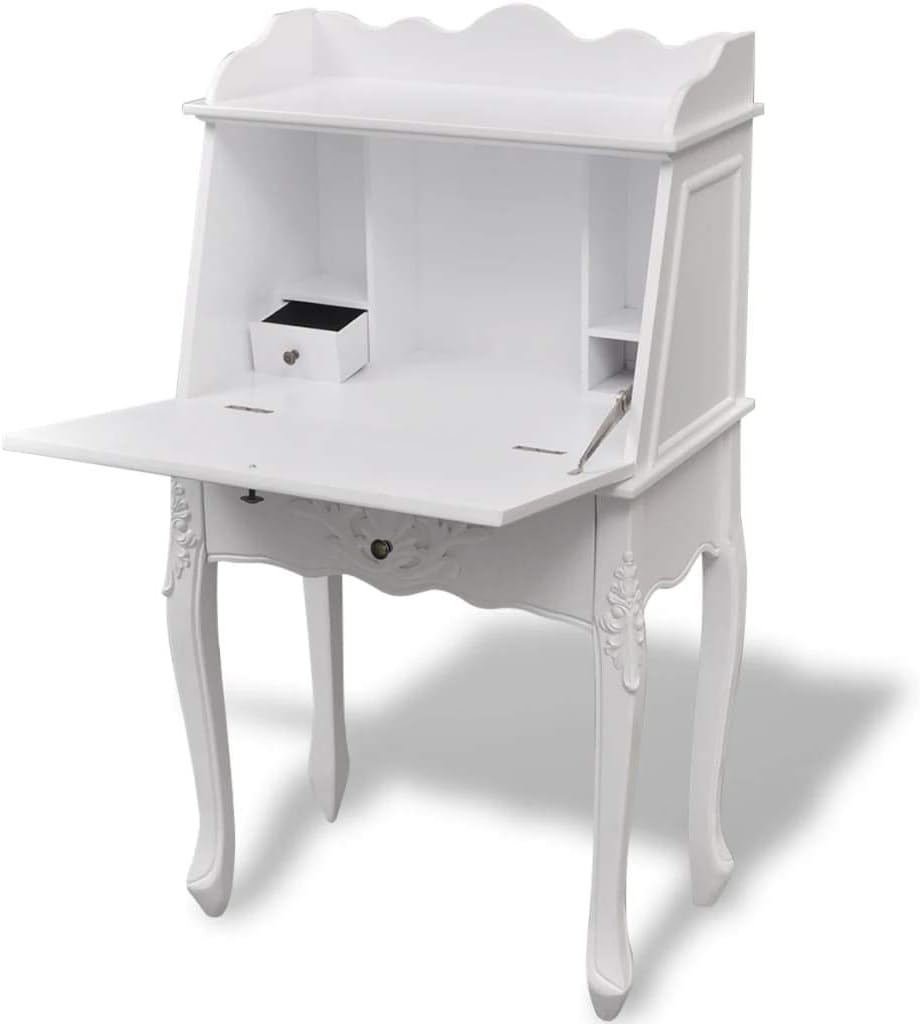 INLIFE Wooden French Secretary Desk Desktop with Storage Drawer and Shelves Cabinet Writing Study Desk 24x14x44(WxDxH)