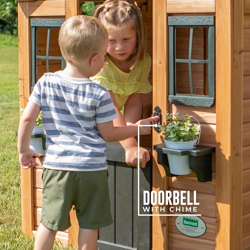 Backyard Discovery Sweetwater Cedar Wooden Kids Playhouse Cottage with Play Kitchen, Snack Bar, Half Door, Toy Phone, Windows, Flowerpot Holders