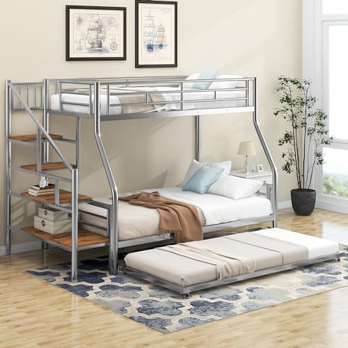 Twin Over Full Bunk Bed with Trundle and Stairs, Metal Bunk Bed with Storage and Safe Guardrails, Heavy-Duty Metal Bunkbeds for Teens, Adults