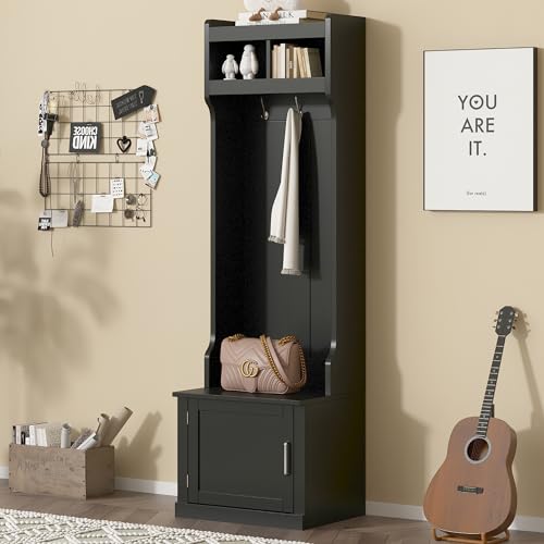 Narrow Hall Tree with Shoe Storage Bench, Mudroom Storage Cabinet with 6 Hanging Hooks, Wooden Storage Bench with Coat Rack
