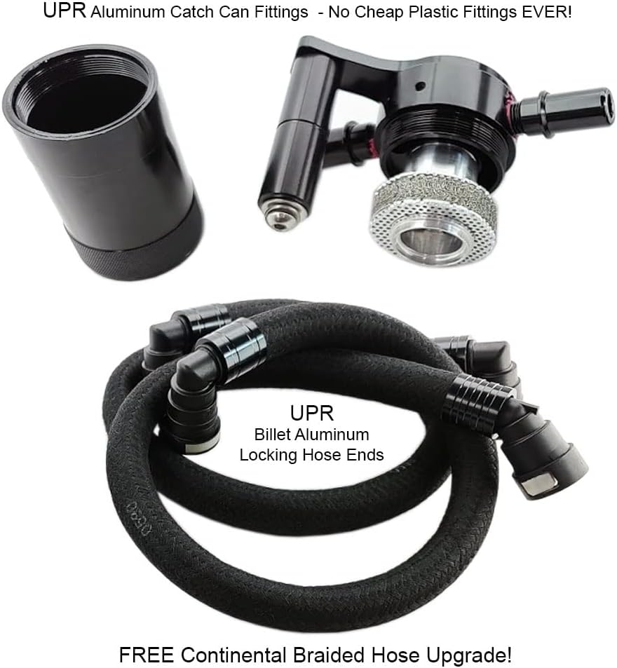 UPR Genuine 2011-2022 2.7 3.5 5.0 6.2 F150 Ecoboost Oil Catch Can Kit - Black - Aluminum Fittings - Continental Insta-Grip Braided Hoses
