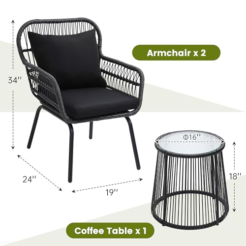 3 Piece Rattan Wicker Bistro Set, Outdoor Conversation Furniture Set with Glass Top Table, Space Saving for Balcony, Backyard, Natural