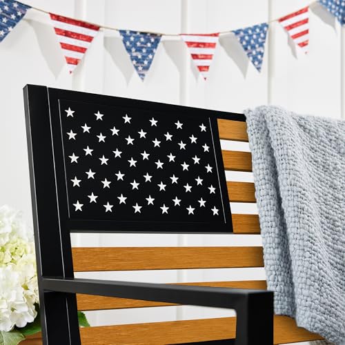 Best Choice Products Outdoor Bench 2-Person Steel Indoor/Outdoor Bench for Garden, Patio, Porch, Entryway w/American Flag, 790lb Capacity – Black