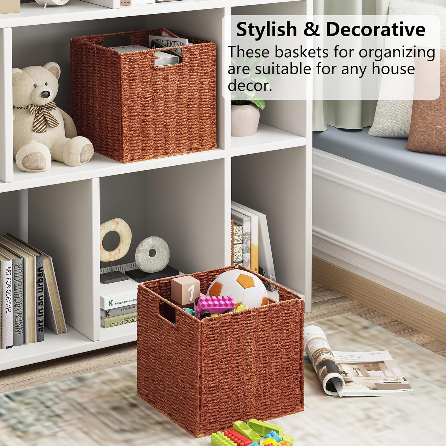 Wicker Storage Basket, Set of 2 Hand-Woven Paper Rope Wicker Baskets, Foldable Cube Storage Bins, 11 inch Storage Basket