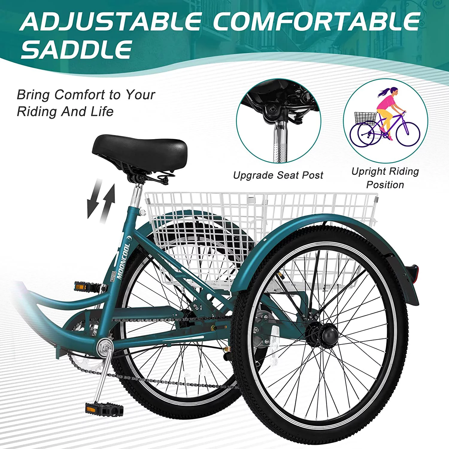 Docred Adult Tricycle 7 Speed 24 Inch Three Wheel Bike Cruiser Trike for Men/Women/Seniors