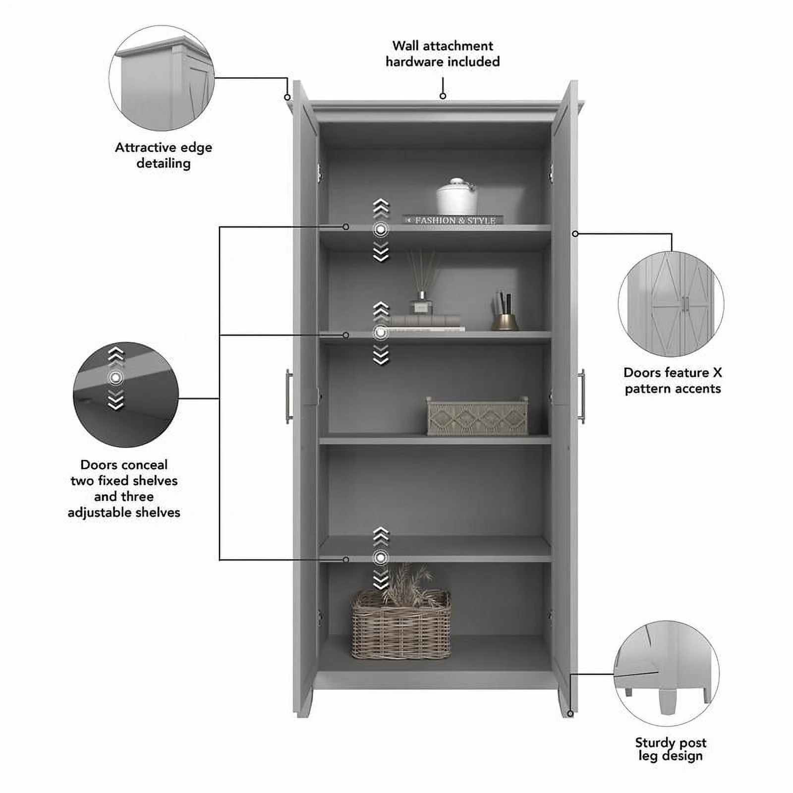 Pemberly Row Tall Storage Cabinet with Doors in Cape Cod Gray - Engineered Wood
