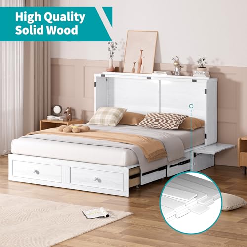 BALUS Murphy Bed Cabinet, 63" W Queen Cabinet Cube Chest Bed with Tri-fold Mattress, Charging Station