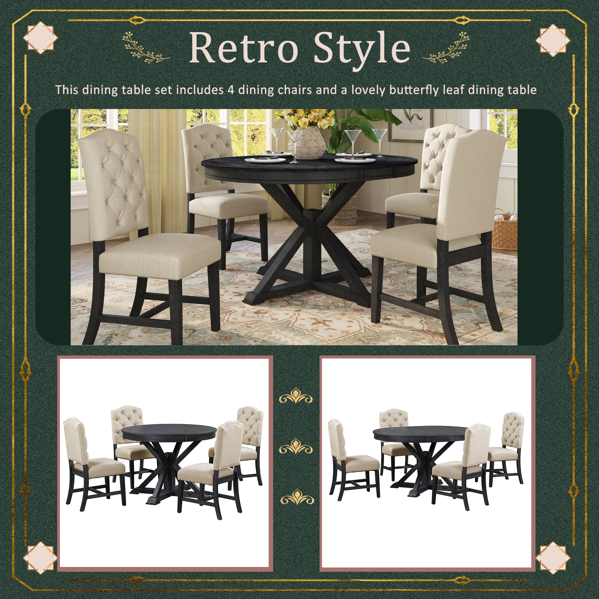 Prehome Functional Furniture Retro Style Dining Table Set with Extendable Table and 4 Upholstered Chairs for Dining Room and Living Room(Espresso)