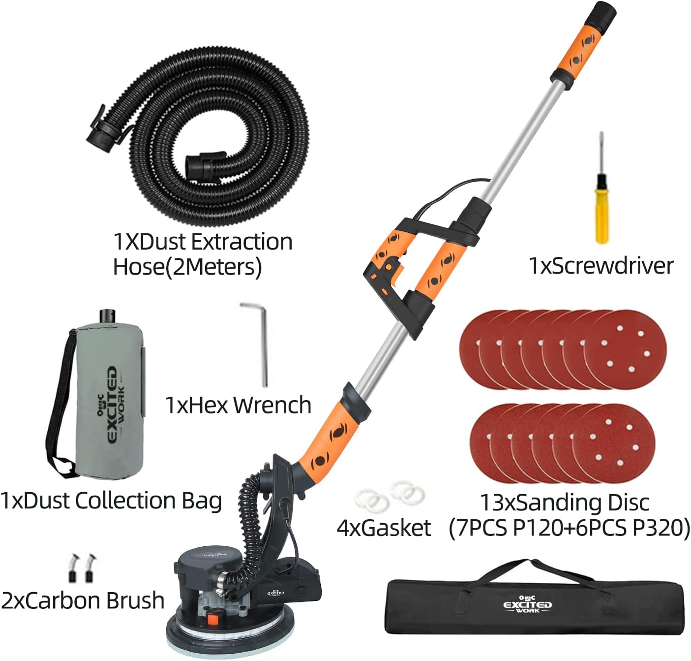 Excited Work Drywall Sander,6.5A Electric Sander with Vacuum Attachment, 13 Sanding Discs, LED and 500 to 1800(R/MIN) Variable Speed