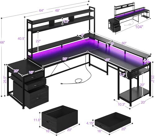 EnHomee Large L Shaped Gaming Desk with Hutch and Drawers, 64" W Reversible Computer Desk with Storage Shelves