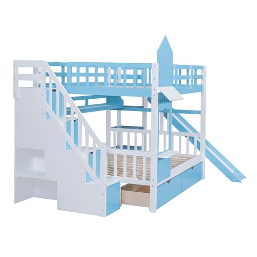 Full-Over-Full Castle Style Bunk Bed with 2 Drawers and 3 Shelves, Wood Bunk Bed Frame with Slide and Storage Staircase for Kids Teens Boys Girls