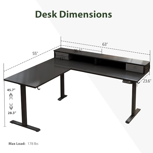 Agilestic L Shaped Electric Standing Desk with 2 Drawers, 63 Inch Ergonomic Adjustable Height Desk with Storage