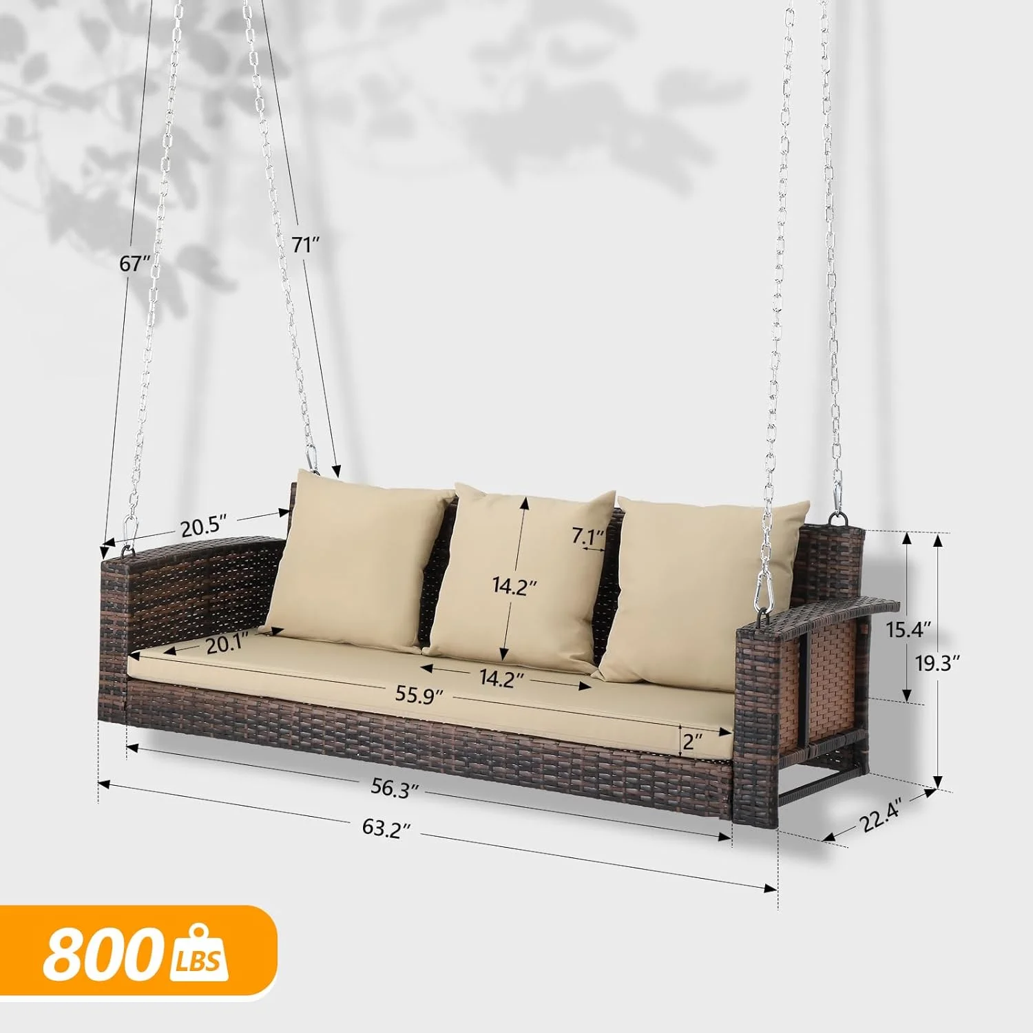VINGLI 5 ft Rattan Outdoor Porch Swing, Heavy Duty 800 lbs Wicker Hanging Swing with Cushions for Porch, Yard, Balcony, Tree, Brown