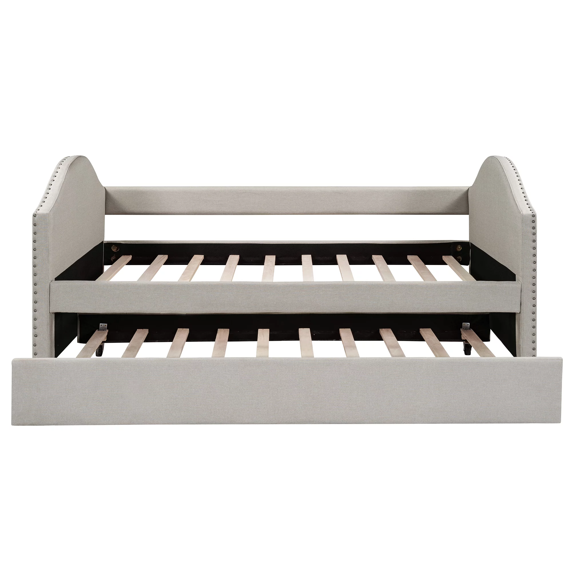 Beige Twin Size Upholstered Daybed with Twin Size Trundle, Wood Slat Support