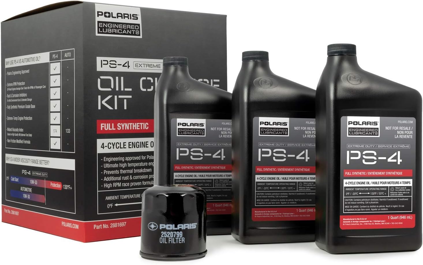 Polaris Off Road Full Synthetic Oil Change Kit, 2881697, 3 Quarts of PS-4 Extreme Duty Engine Oil and 1 Oil Filter Pack of 2