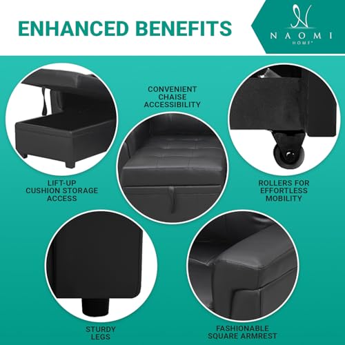 Naomi Home 85 in. Convertible Sofa with Storage, Reversible L Shape Sofa Couch with Chaise, Comfy Sectional Couches for Living Room - Black