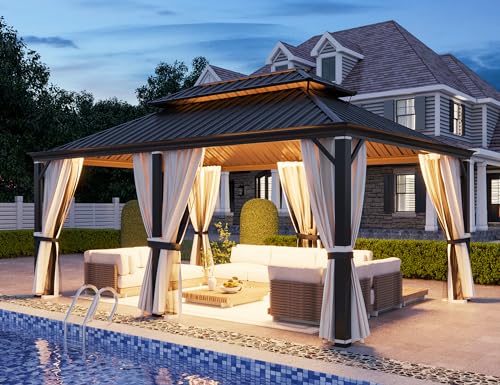 YOLENY 10' x 12' Hardtop Gazebo, Metal Gazebo with Aluminum Frame, Double Galvanized Steel Roof, Curtains and Netting Included