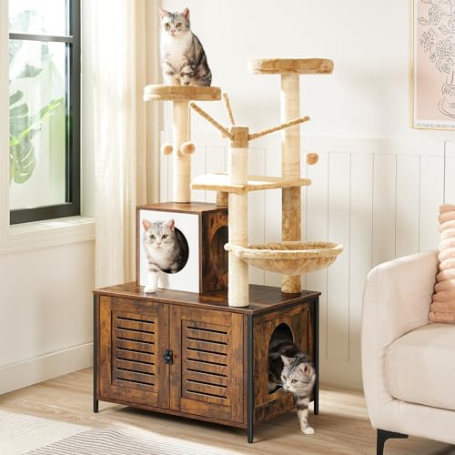 HOOBRO Cat Tree with Litter Box Enclosure, 27.6" L x 18.9" W x 52" H, All-in-One Wooden Cat Tower, Cat Furniture for Indoor Cats
