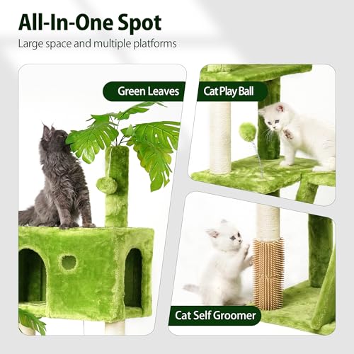 77in Cat Tree with Leaves for Indoor Cats Large Adult,Tall Cat Tower with Scratching Post, Large Cat Tree with Two Cat Condos, Soft Hammocks