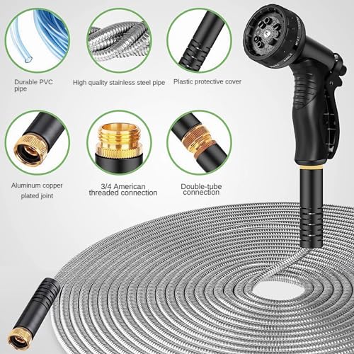 100FT Stainless Steel Garden Hose - Heavy Duty, Kink & Tangle Free, Bite Proof, Puncture Resistant with Connectors
