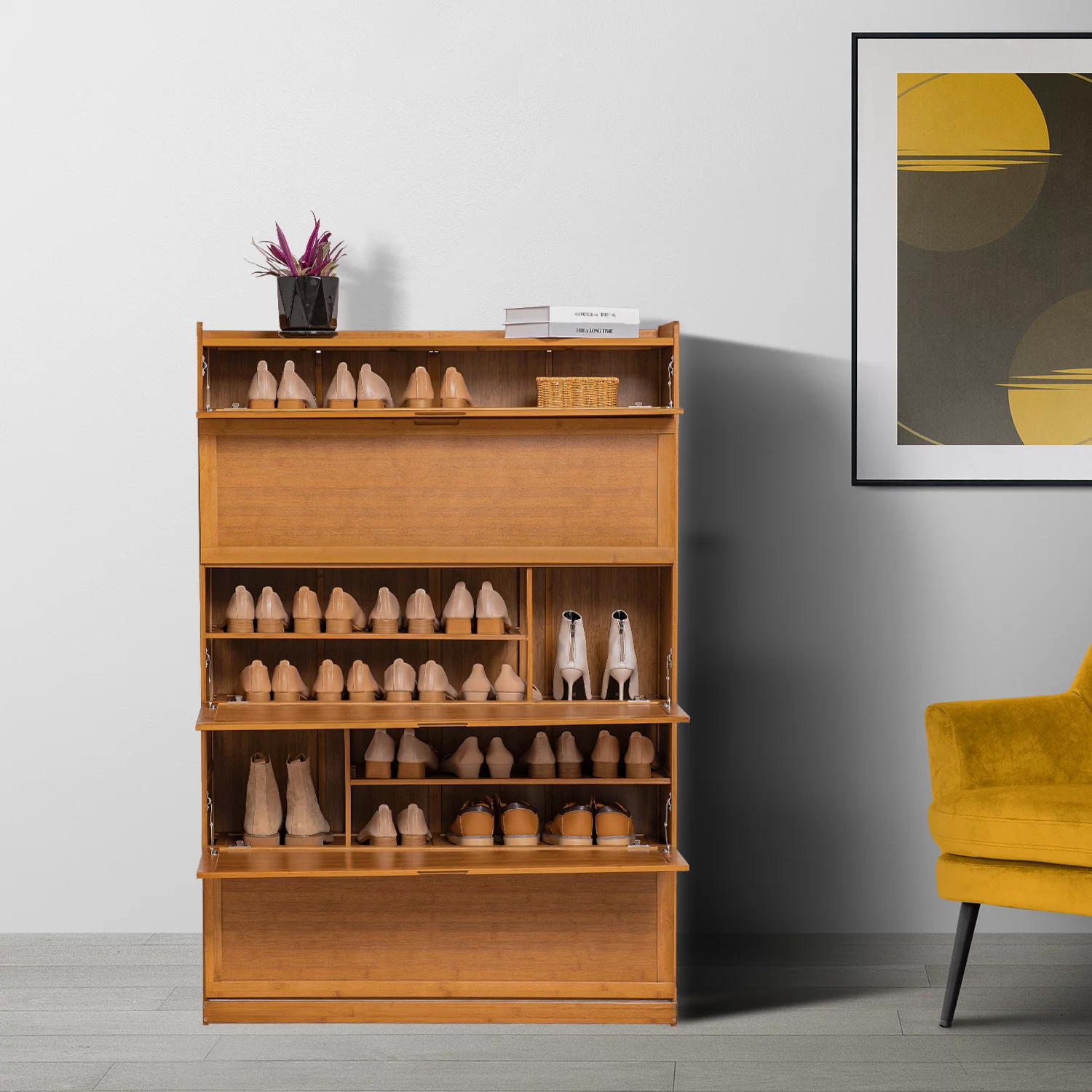 Magshion Bamboo 9 Tier Shoe Organizer Modern Cabinet with Door 41 Pairs Heels Boots, Brown, Hallway Entryway