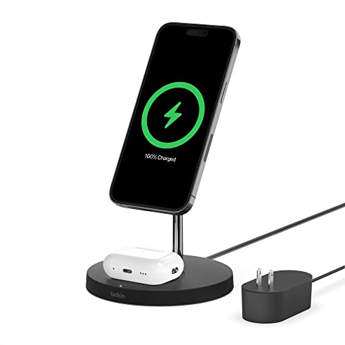 Belkin 2-in-1 MagSafe Wireless Charging Dock 15W Fast Charge iPhone Charger Compatible with iPhone 16, 15, 14, and 13 Series, AirPods