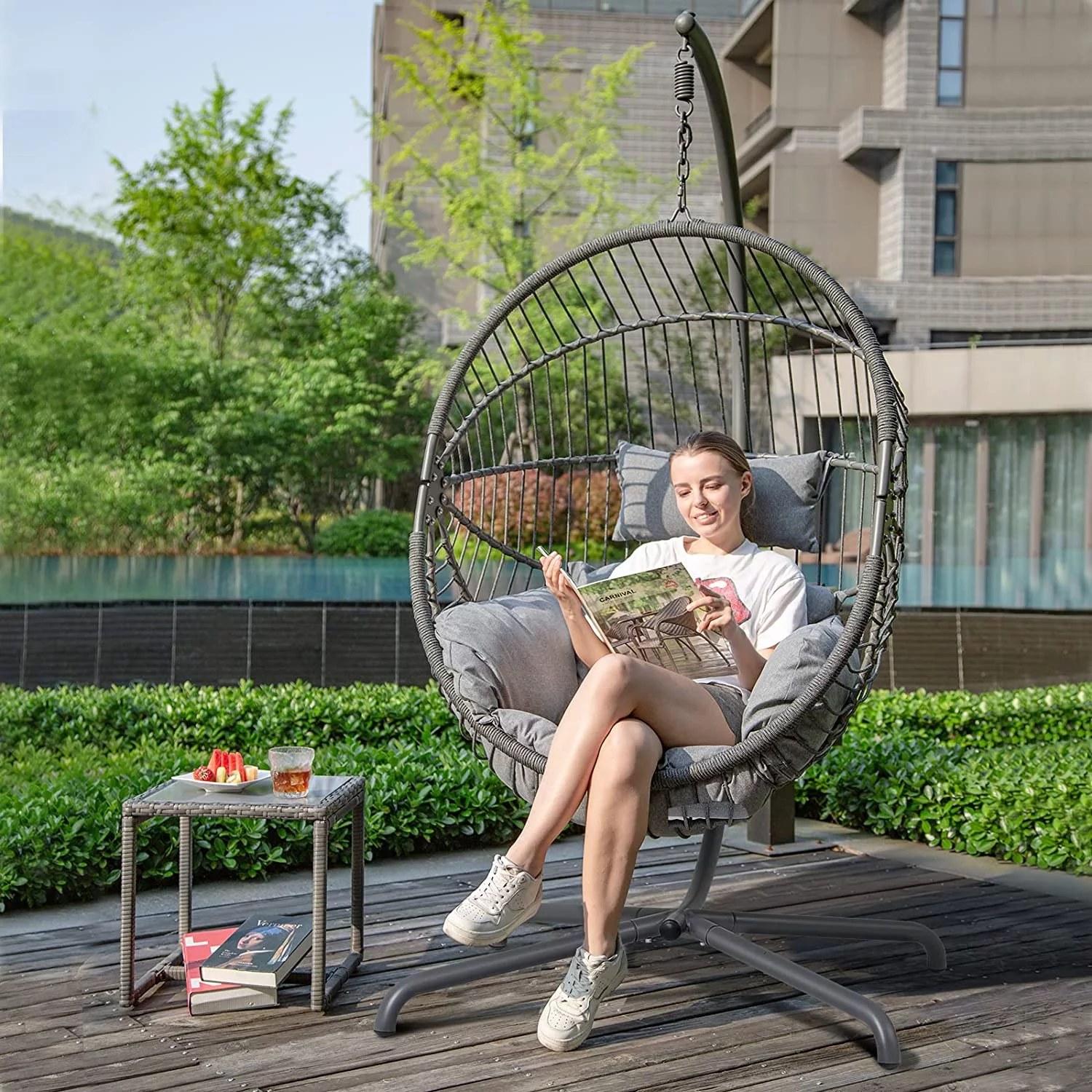 JOIVI Patio Swing Egg Chair with Stand, Oversized Cocoon-Shaped Hammock Chair with Cushion, Dark Gray