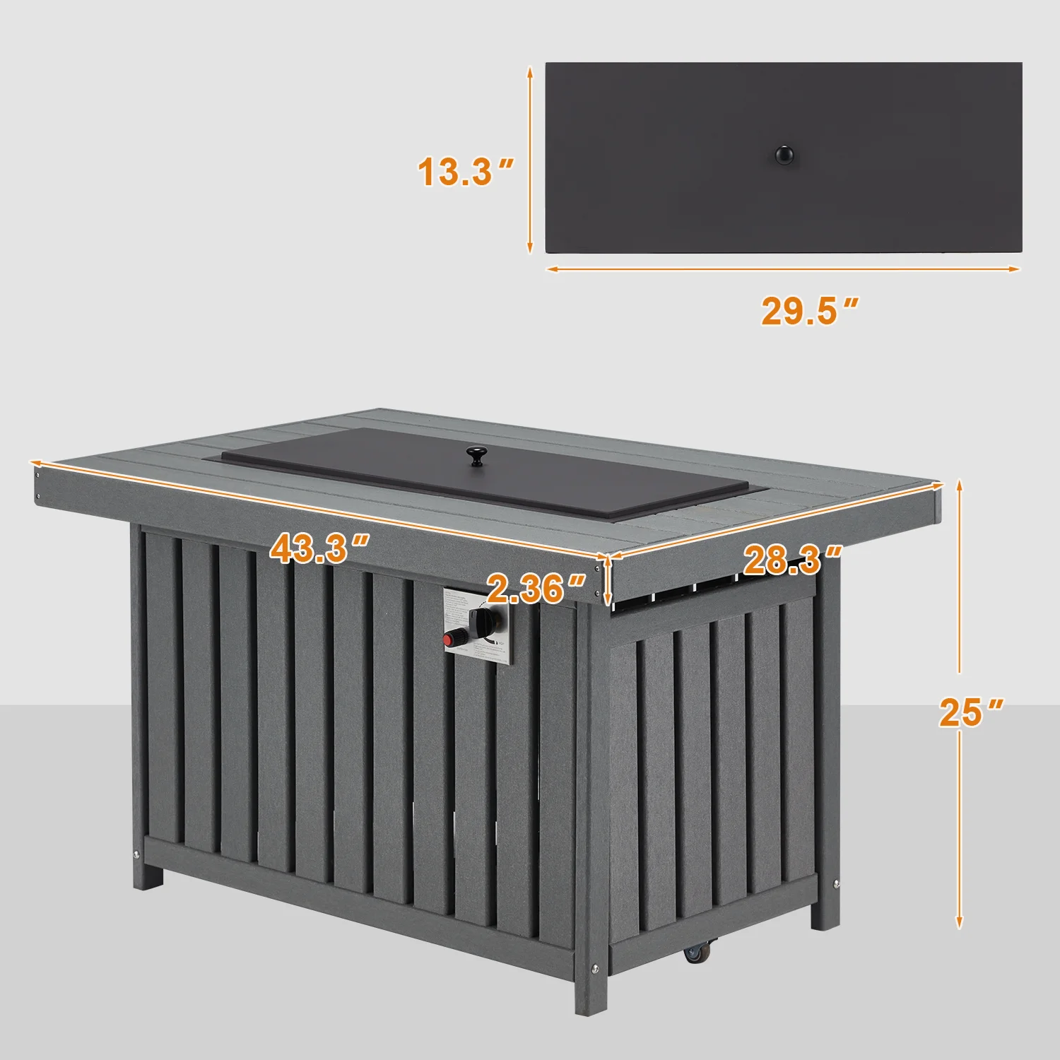 Mellcom 43in Propane Fire Pit Table, 50000 BTU HDPE Rectangle Gas Fire Pit for Outside, Paito, Backyard, Gray