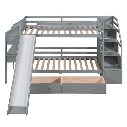 Harper & Bright Designs Bunk Beds Twin Over Full Size, Bunk Bed with Trundle,Storage Shelf and Stairway