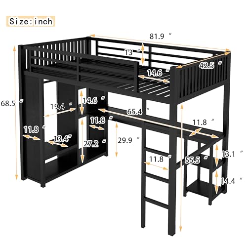 Queen Size Modern Metal Loft Bed with Wardrobe and L-Shaped Desk,Storage Cubes and Shelves,for Kids Teens Adults Bedroom Use (Black#h, Queen)