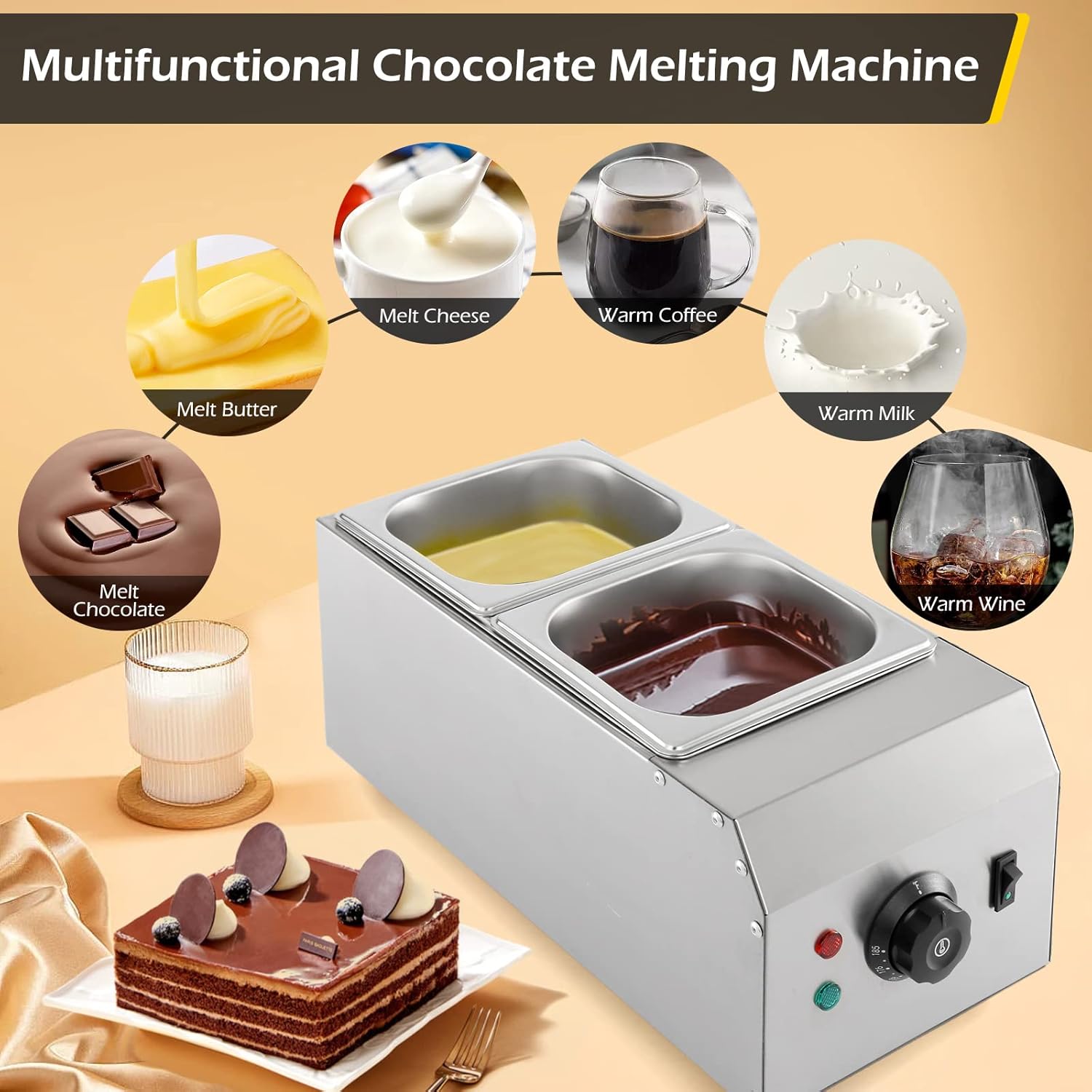 Dyna-Living 2-Tanks Chocolate Melting Machine Upgraded Chocolate Tempering Pot 1000W Electric Chocolate Melter Fondue with Temperature Control