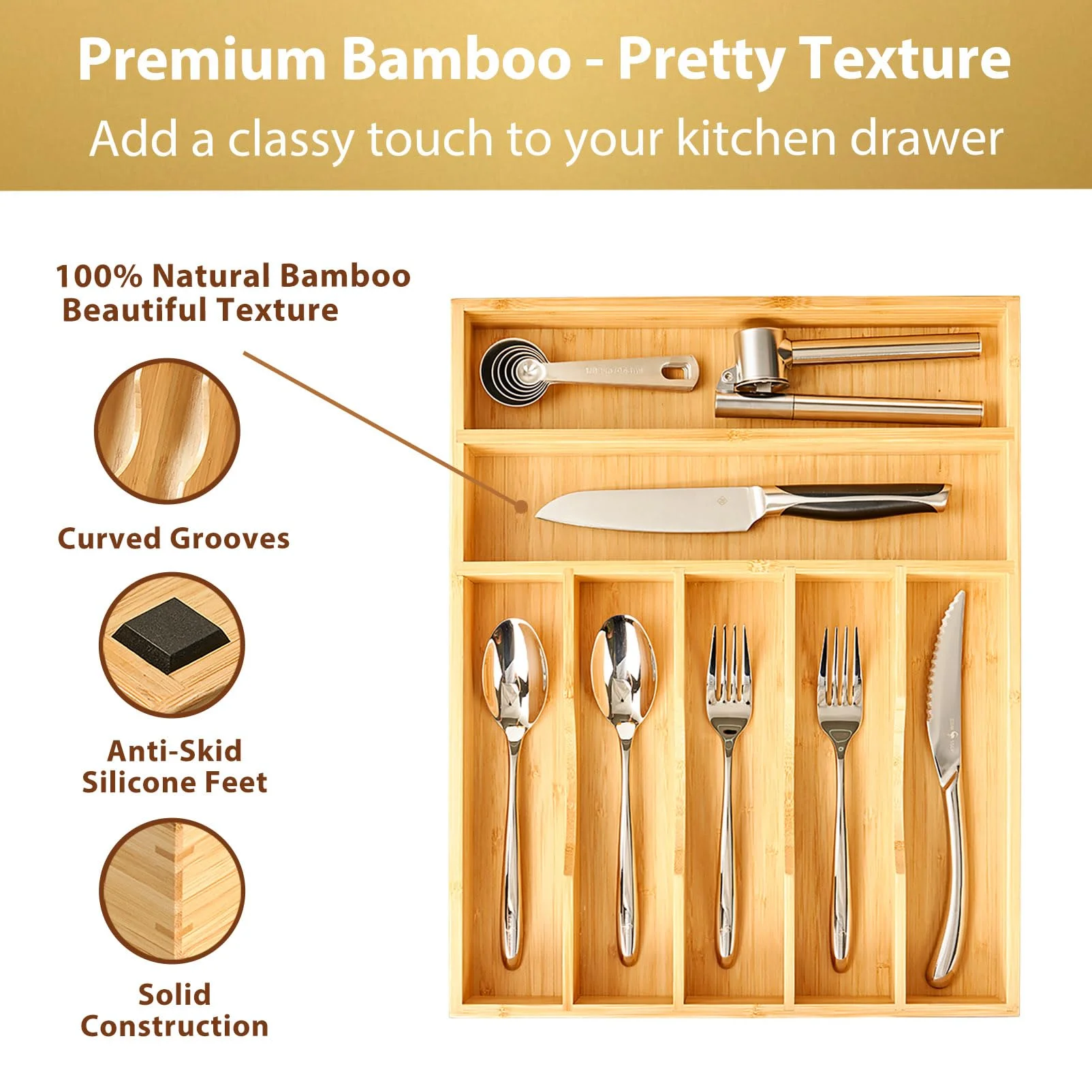 13 Inch Bamboo Kitchen Organizer, 7-Slot Utensil Tray for Drawers, Extra Deep Divider for Forks Spoons Knives and Cooking Tools, Natural Wood Design