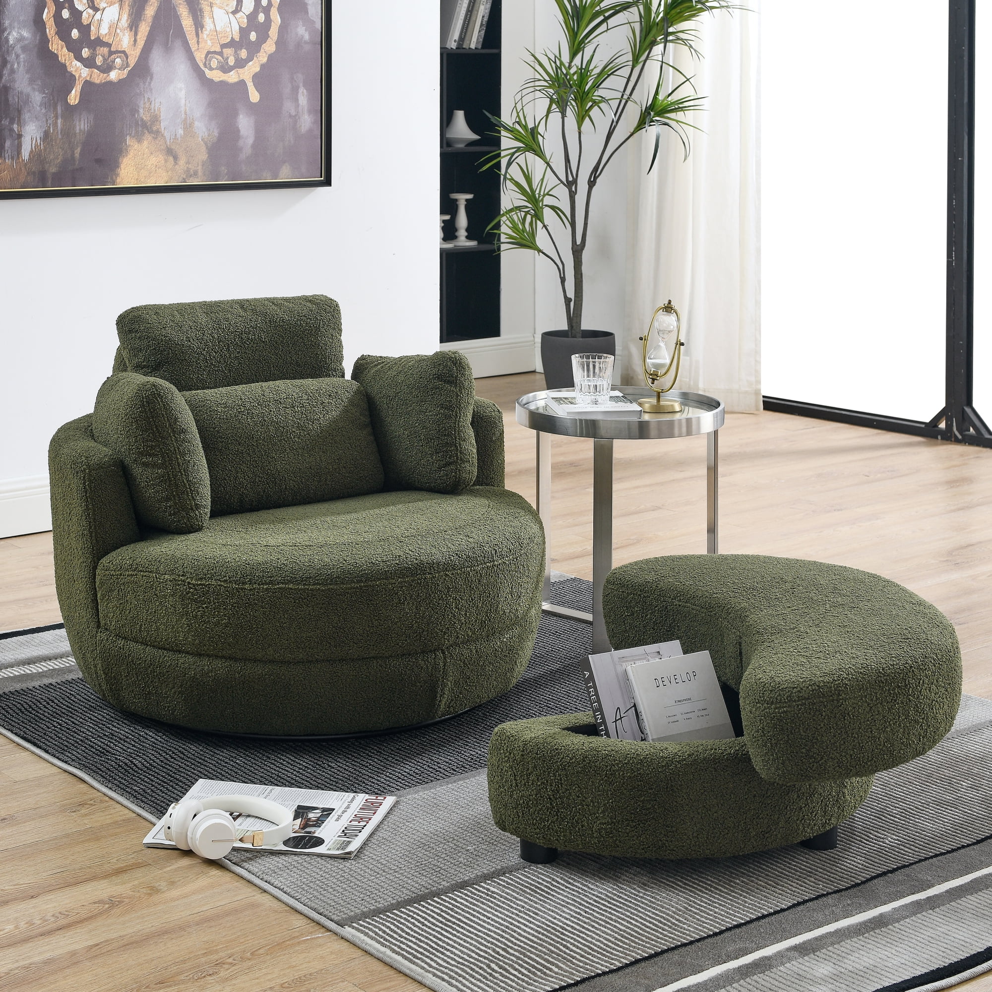 39"W Oversized Swivel Chair with moon storage ottoman for Living Room