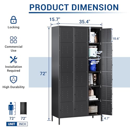 72" Metal Locker for Employees 3 Doors Blue Steel Storage Locker for Office, School, Gym - Metal Storage Cabinets for Home, Office, Gym, School