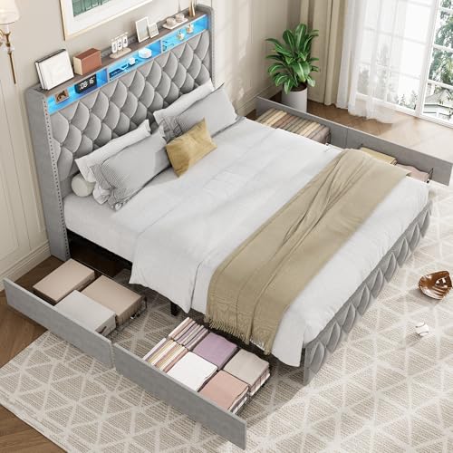 GarveeHome Queen Bed Frame with 50.8" Tall Headboard, Platform Velvet Upholstered Bed Frame with 4 Storage Drawers, USB Charging Station, Led Lights