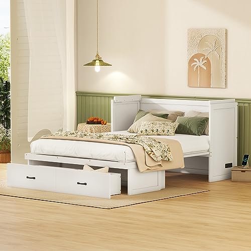 Ball & Cast Queen Size Solid Pine Murphy Bed Chest,Cabinet Hideaway Bed with Charging Station and Large Storage Drawer,Wood Wall Bed can be Folded