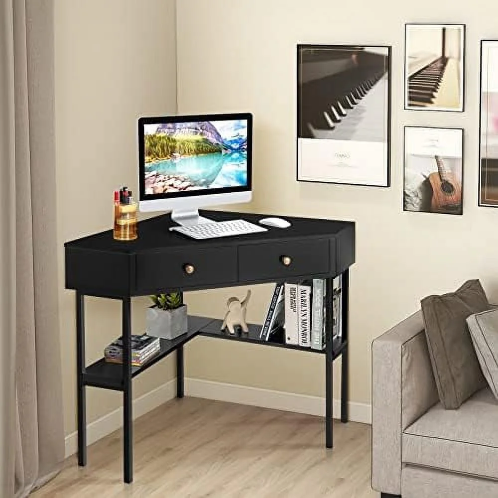 CHNJHUM Corner Desk with Drawers  90 Degrees Triangle Desk w/ Shelves and Metal Frame  Corner Writing Desk  Corner  Vanity Table  Small Corner Desks