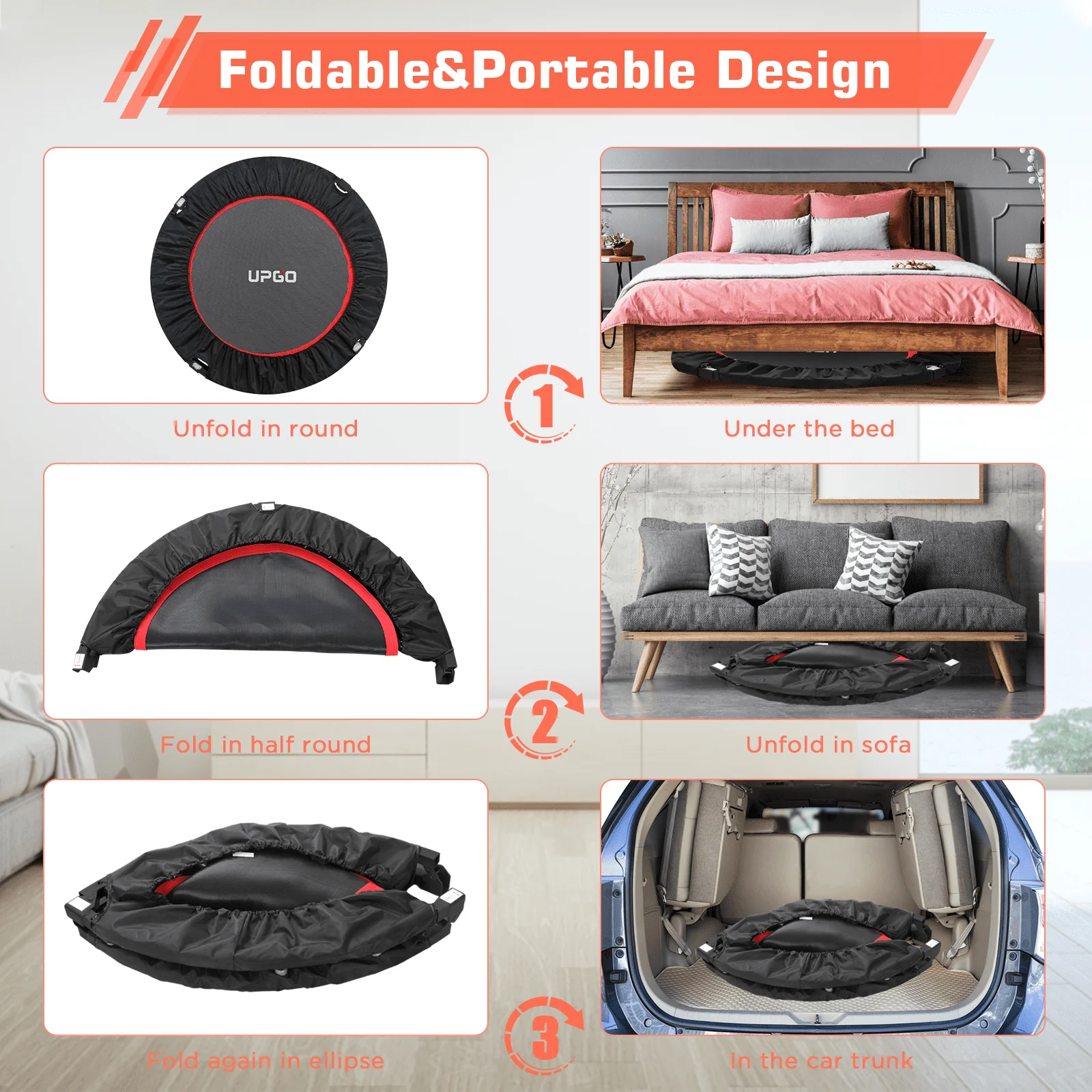 UPGO 40 Foldable Trampoline, Fitness Rebounder with Adjustable Foam Handle, Exercise Trampoline for Adults Indoor/Garden Workout Max Load 330lbs