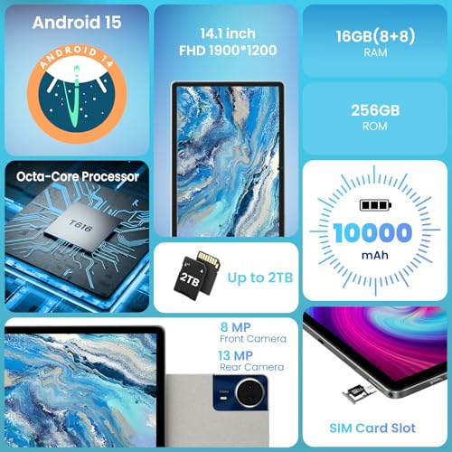 14 inch Large Screen Tablet, Android Tablet 16GB RAM 256GB ROM, 1920 * 1200 IPS FHD Display, Widevine L1, 10000mAh 18W Charging, Wi-Fi & Bluetooth