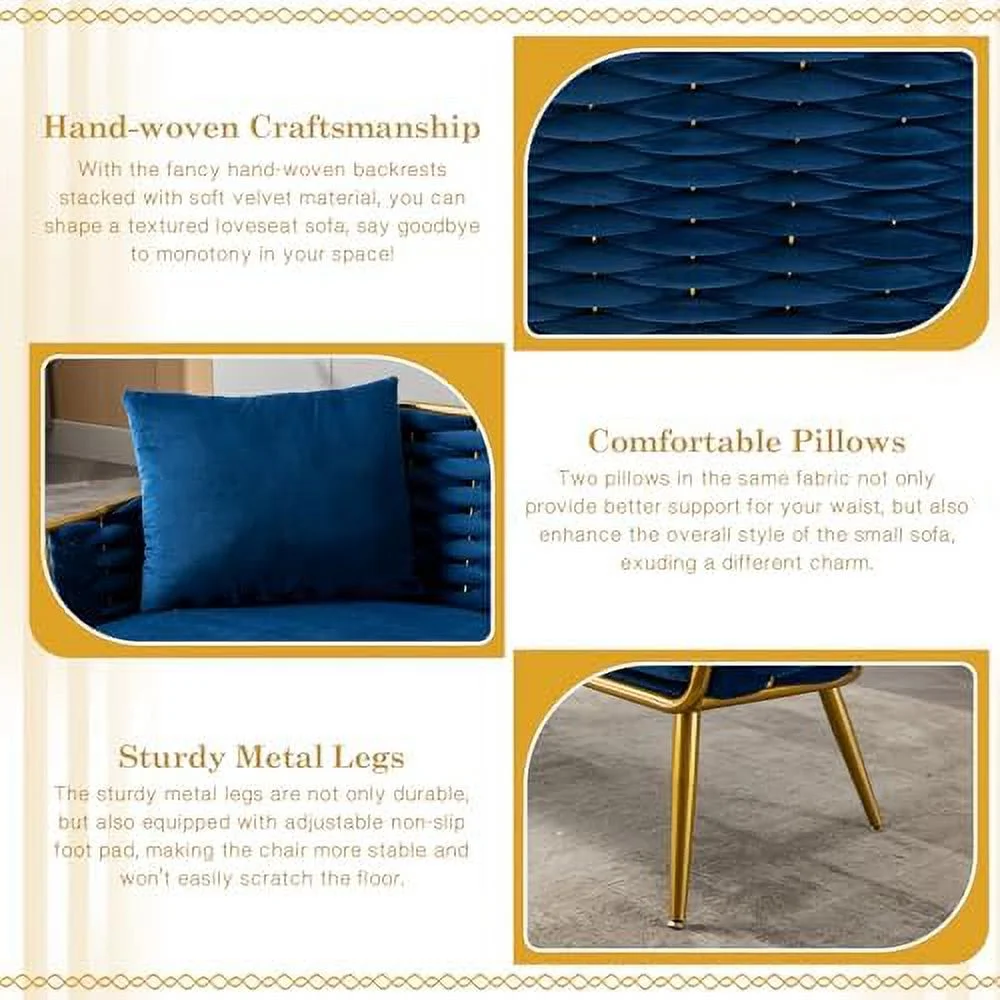 xrboomlife Velvet Accent Sofa Chair  Upholstered Loveseat with Stylish Woven Back  Small Comfy Couch with 2 Pillows  Modern Love Seat with Gold Frame