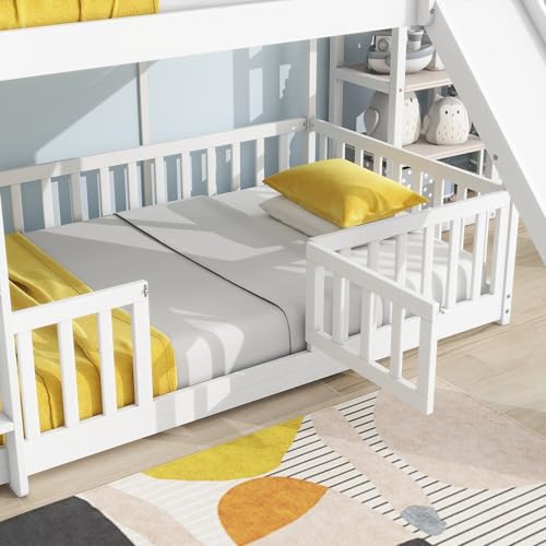Bunk Beds Twin Over Full Size, Pine Solid Wooden Bunk Bed with Slide, Storage Staircase, Safety Guardrails for Kids, White