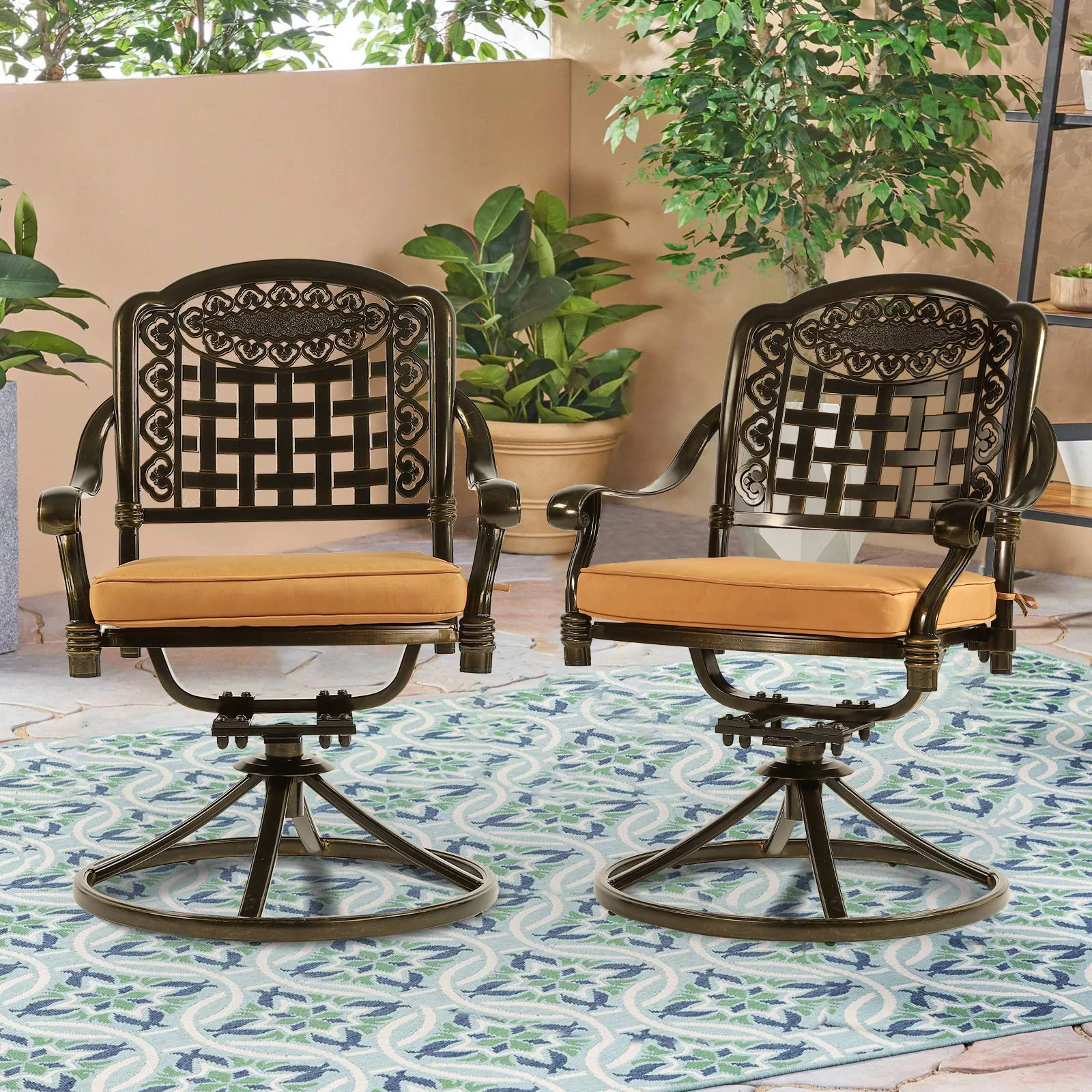 VIVIJASON 2-Piece Outdoor Bistro Dining Chairs, Patio Cast Aluminum Dining Swivel Rocker Chairs, Patio Furniture Chair Set with Cushion for Balcony