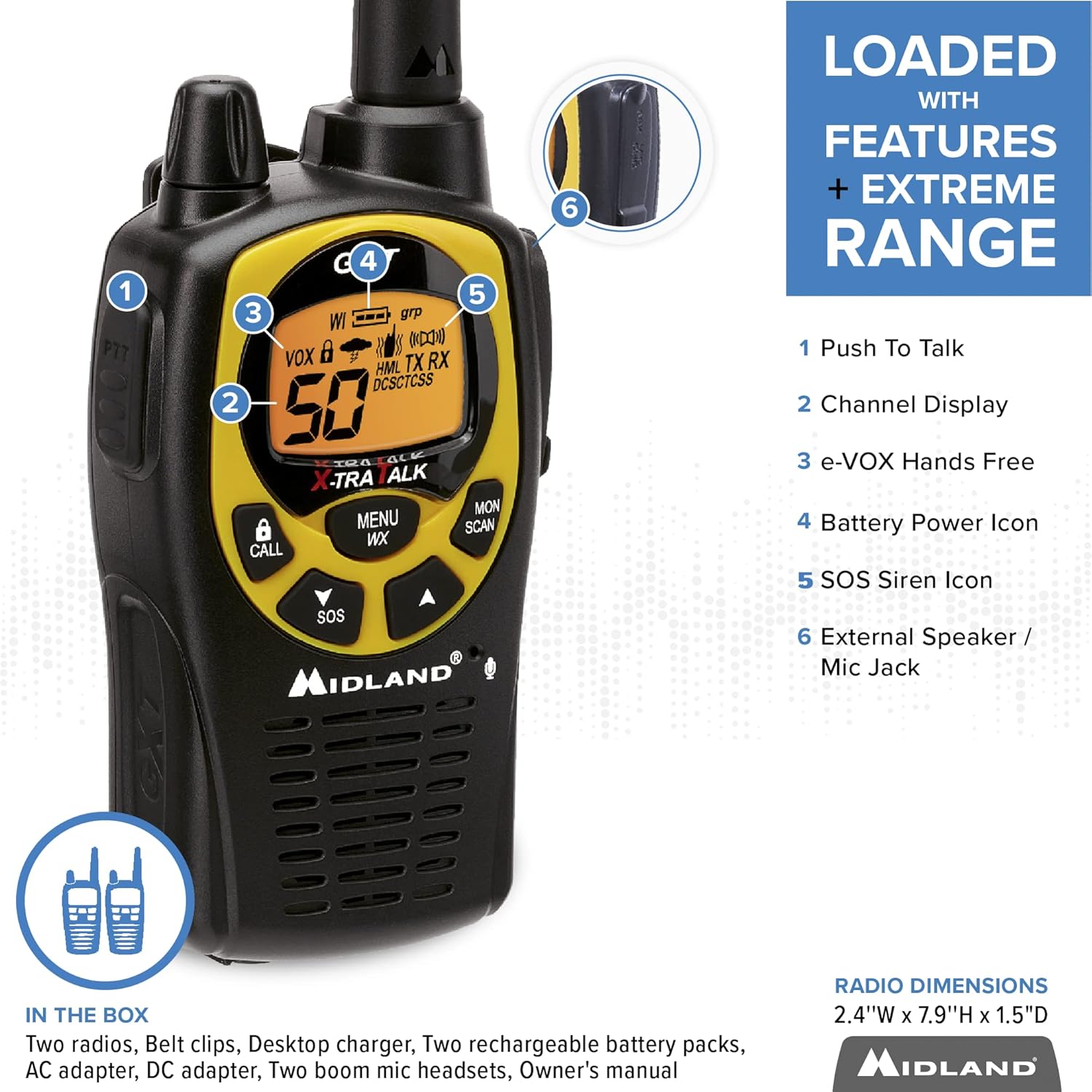 Midland 50 Channel Waterproof GMRS Two-Way Radio - Long Range Walkie Talkie with 142 Privacy Codes, SOS Siren