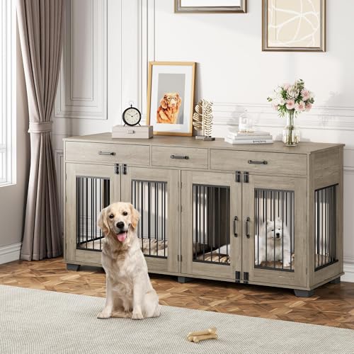 Dog Crate Furniture for 2 Dogs, 71'' XXL Indoor Dog Kennel with 3 Drawers and Removable Room Divider