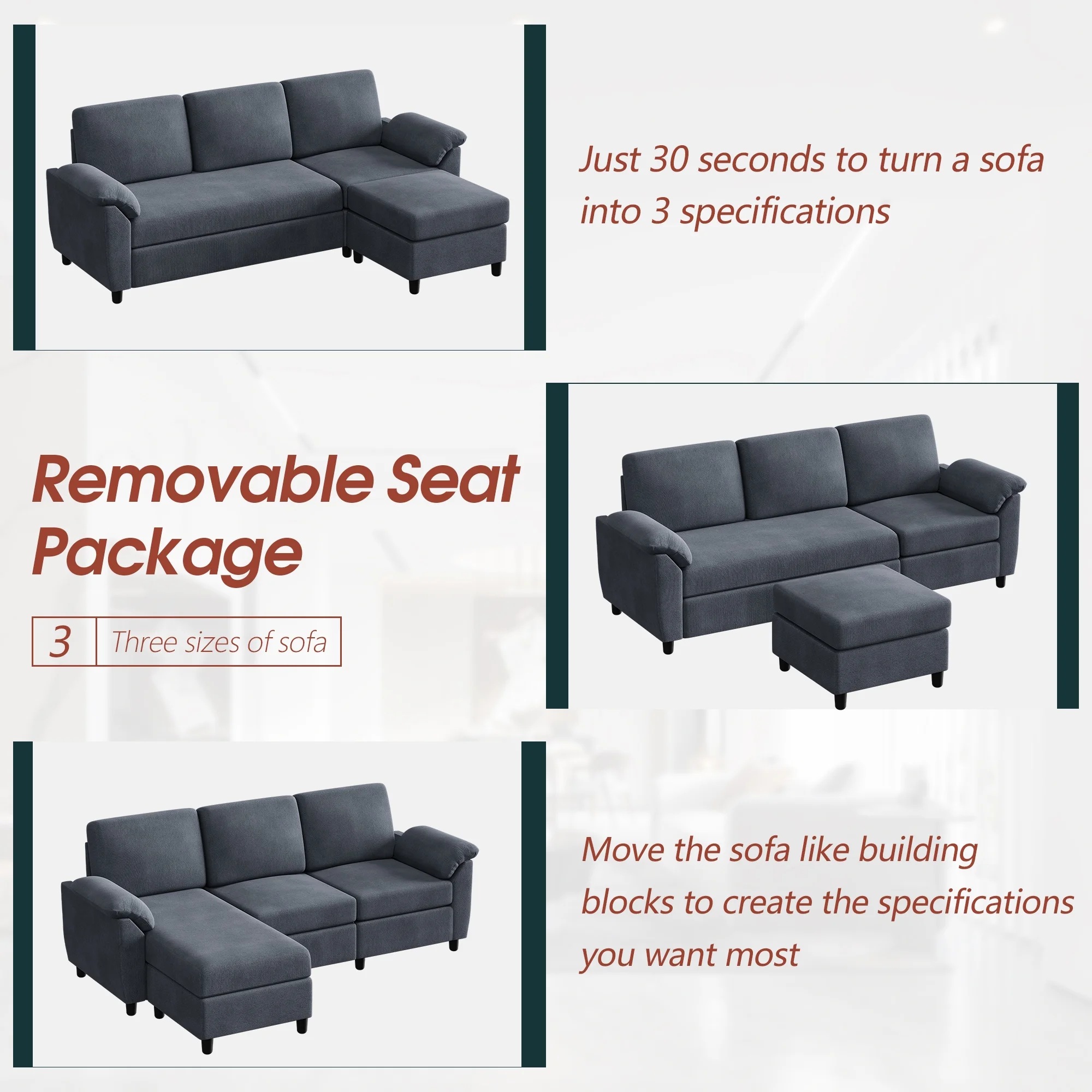 Walsunny 79 Convertible Sectional Sofa Couch,Linen Fabric L Shaped Sofa with Removable Pillows Dark Gray