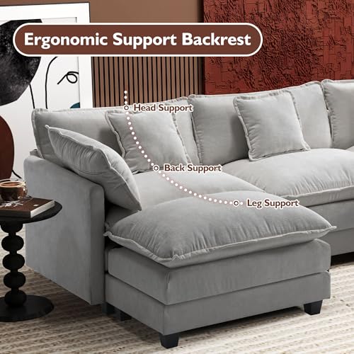 Ihanherry 111.4" U Shaped Modern Cloud Sofa Modular Sectional Couch with 2 Ottoman, 5-Seat Chenille Deep Seat Sofa with Pillow for Living Room