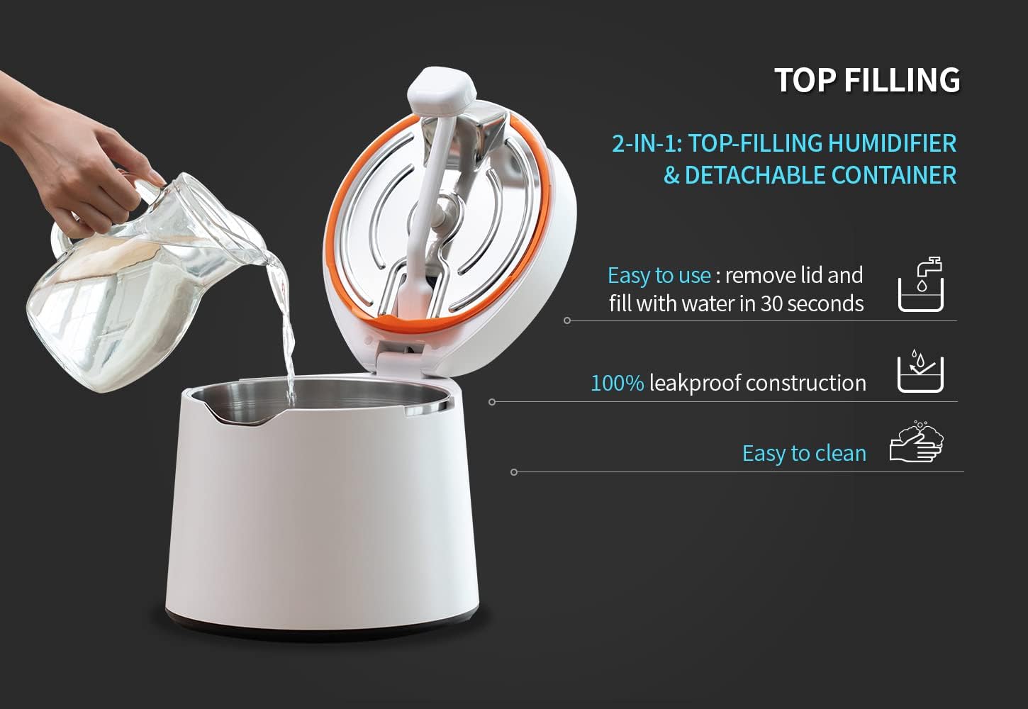 CarePod 31S Stainless Steel Ultrasonic Cool Mist Humidifier Whisper-Quiet Easy Clean for Large Room 1gal (4liter), Only 3 Washable Parts