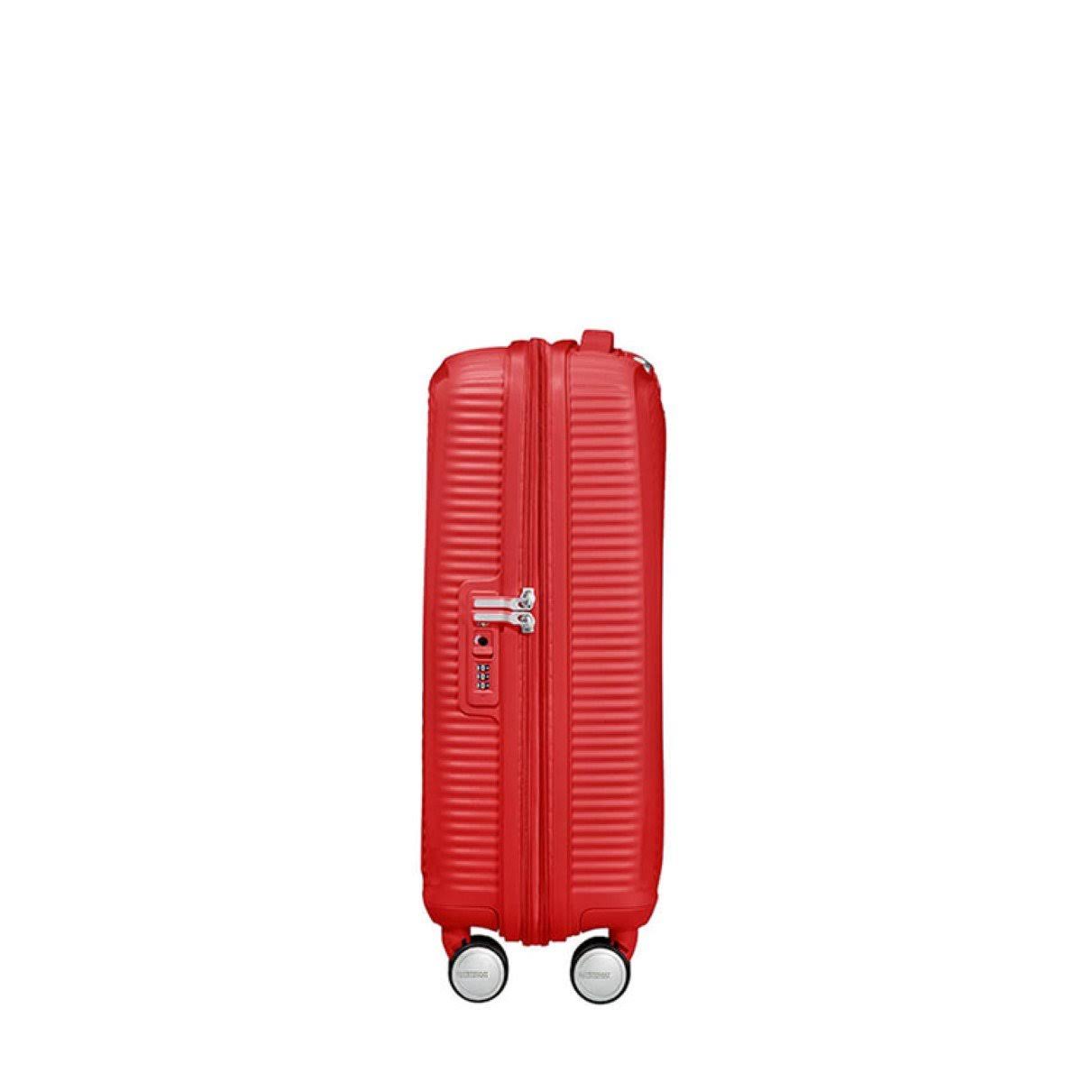 American Tourister Coral Red Soundbox Expandable Four-Wheel Cabin Suitcase 55cm